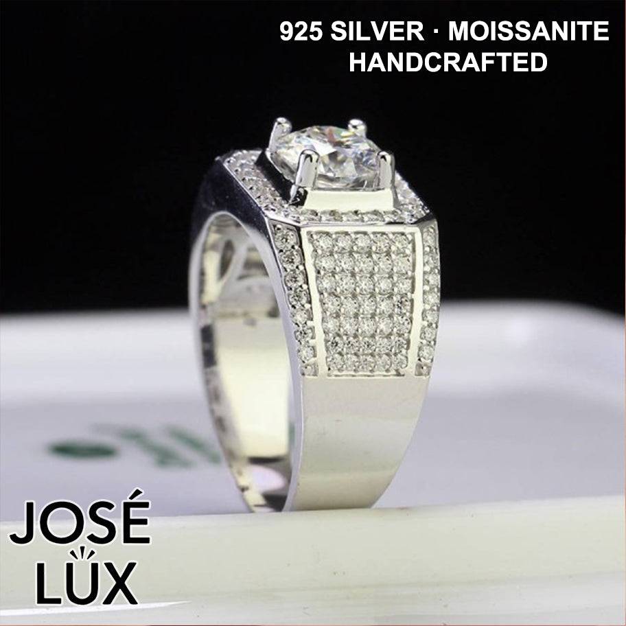 Handmade Men's Square Halo Iced Out Ring — 925 Sterling Silver, Rhodium Plated White Gold Finish, Full Moissanite