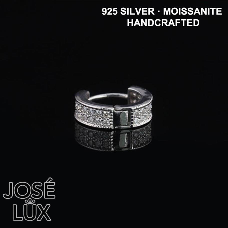 Handmade Wide-Band Huggie Earring — 925 Sterling Silver, Rhodium Plated White Gold Finish, Full Pavé Moissanite