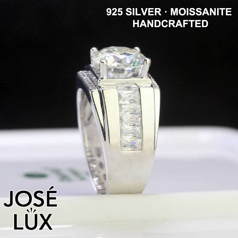 Handmade Men's Round Center Ring with Faceted Geometric Band — 925 Sterling Silver, Rhodium Plated White Gold Finish, Moissanite & CZ