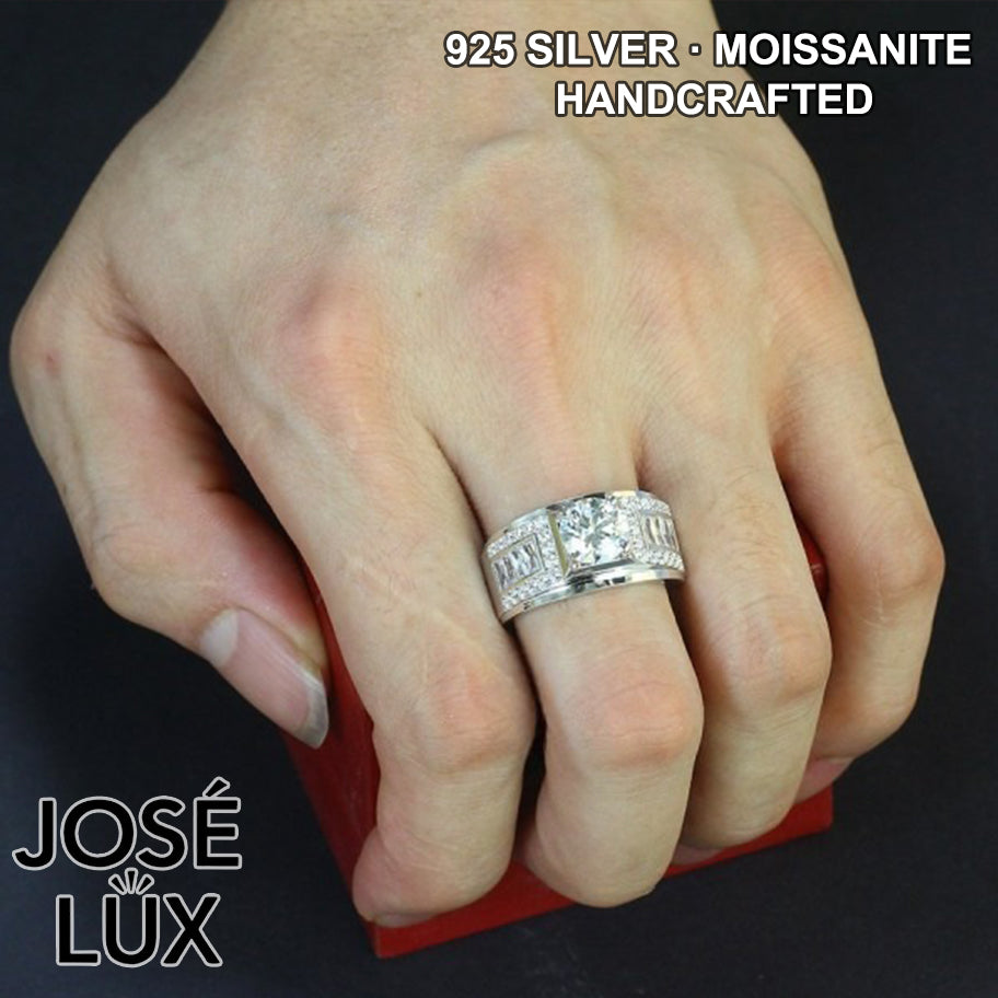 Handmade Men's Moissanite Baguette Shoulder Wide Band Ring — 925 Sterling Silver, Rhodium Plated White Gold Finish, GRA Moissanite