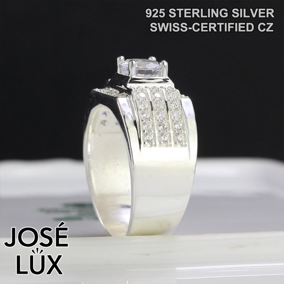 Handmade Men’s Round CZ Solitaire Ring — 925 Sterling Silver, Rhodium Plated White Gold Finish, Swiss-Certified CZ