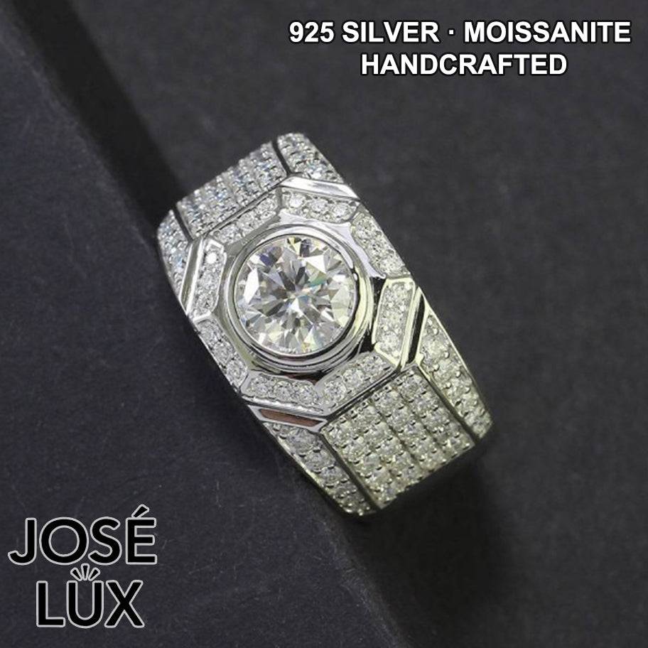 Handmade Men's Bezel Set Ring — 925 Sterling Silver, Rhodium Plated White Gold Finish, GRA Moissanite