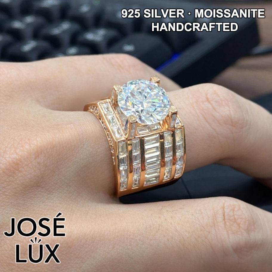 Handmade Men's Vertical Baguette Channel Set Ring — 925 Sterling Silver, Rose Gold Plated Finish, 12mm Moissanite & CZ
