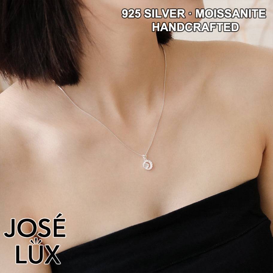 Handmade Crescent Moon Circle Pendant Necklace — 925 Sterling Silver, Rhodium Plated White Gold Finish, GRA Moissanite