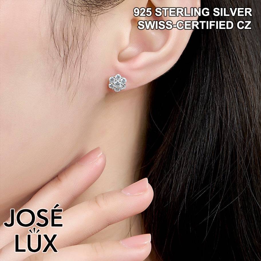 Handmade Flower Cluster Stud Earrings — 925 Sterling Silver, Rhodium Plated White Gold Finish, Swiss CZ