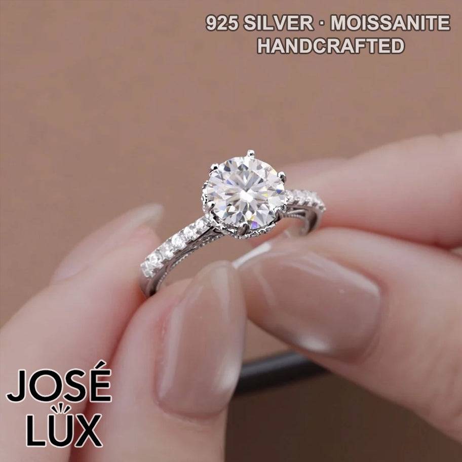 Handmade Vintage Filigree Hidden Halo Ring — 925 Sterling Silver, Rhodium Plated White Gold Finish, GRA Moissanite 2ct