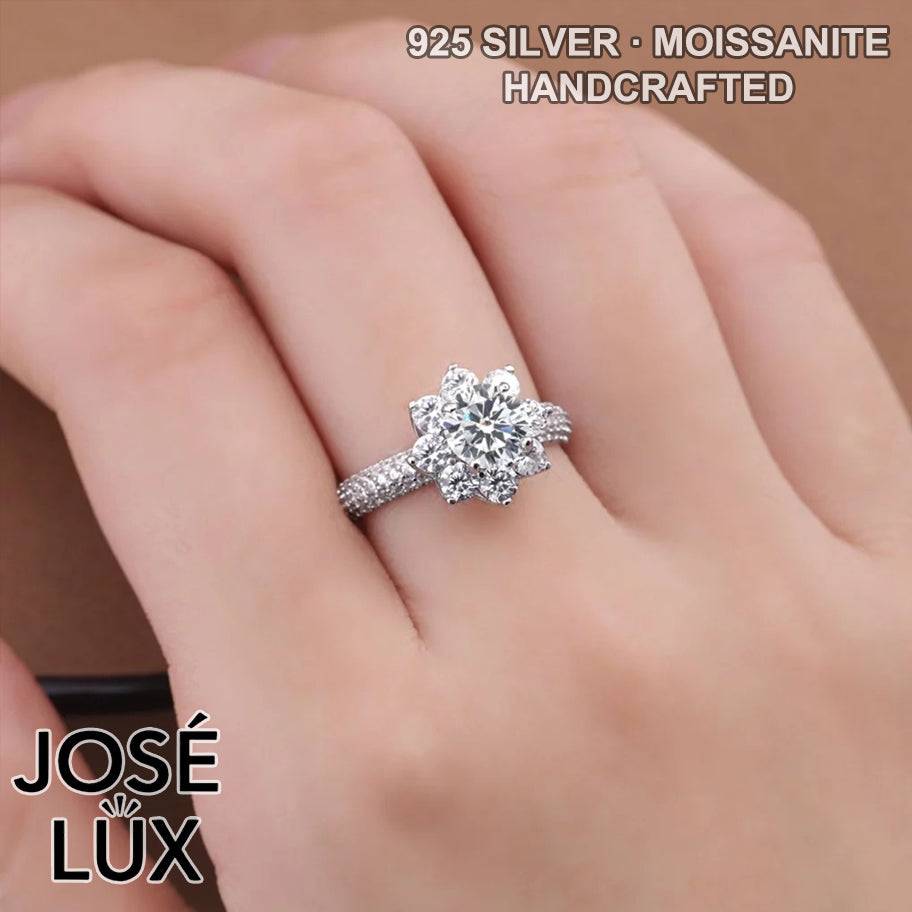 Handmade Flower Halo Ring — 925 Sterling Silver, Rhodium Plated White Gold Finish, GRA Moissanite