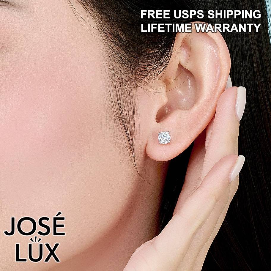 Handmade Large Solitaire CZ Stud Earrings — 925 Sterling Silver, Rhodium Plated White Gold Finish, Swiss CZ