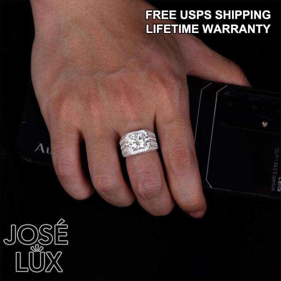 Handmade Men's Square Halo Ring with Baguette Channel — 925 Sterling Silver, Rhodium Plated White Gold Finish, Moissanite & CZ