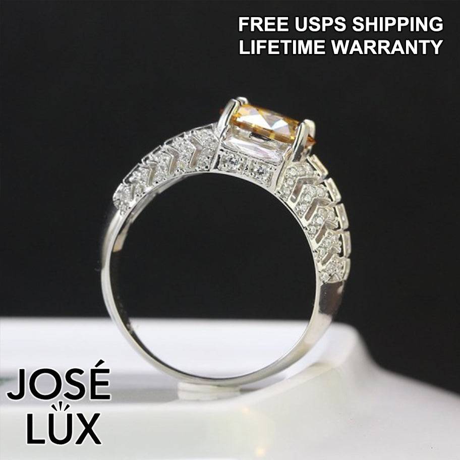 Handmade Men's Round Center Ring with Baguette Side Stones and Chevron Pavé — 925 Sterling Silver, Rhodium Plated White Gold Finish, Moissanite & CZ