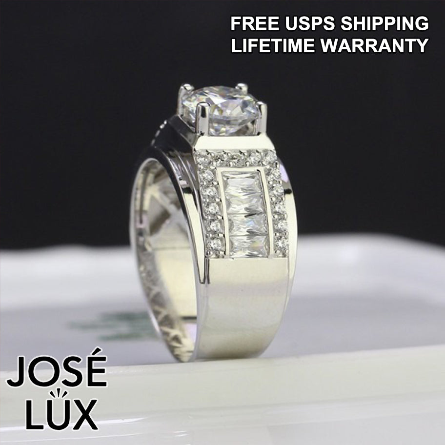 Handmade Men's Moissanite Baguette Shoulder Wide Band Ring — 925 Sterling Silver, Rhodium Plated White Gold Finish, GRA Moissanite