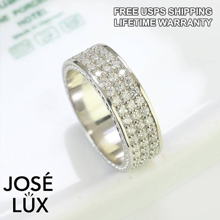 Handmade Men's Wide Pavé Band Ring — 925 Sterling Silver, Rhodium Plated White Gold Finish, GRA Moissanite
