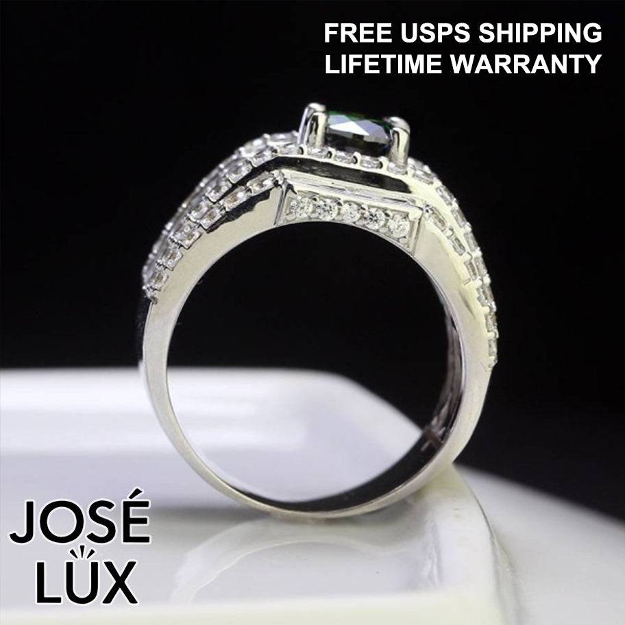 Handmade Men's Green Moissanite Wide Band Ring — 925 Sterling Silver, Rhodium Plated White Gold Finish, GRA Moissanite