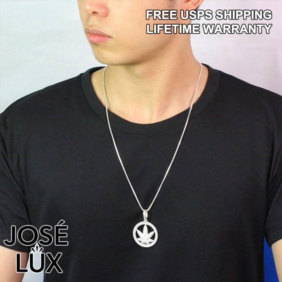 Handmade Iced Out Weed Leaf Pendant Necklace for Men — 925 Sterling Silver, Rhodium Plated White Gold Finish, Swiss CZ