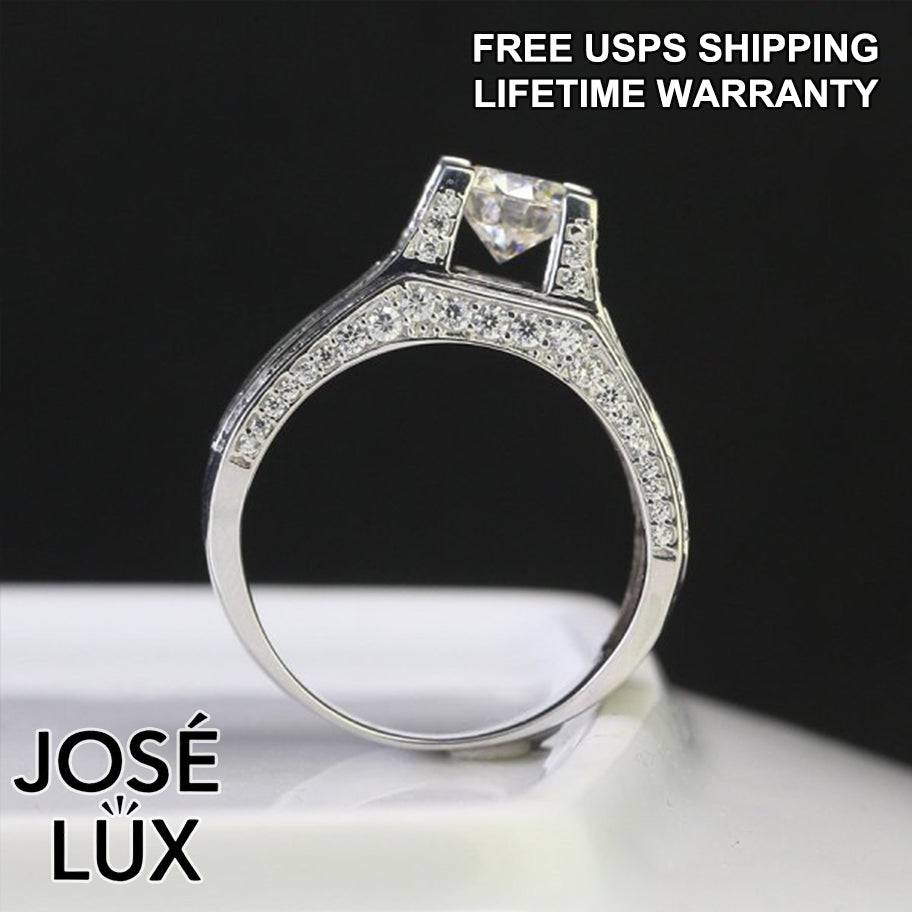 Handmade Men's Round Center Ring with Baguette Side Stones — 925 Sterling Silver, Rhodium Plated White Gold Finish, Blue-Green Moissanite & CZ