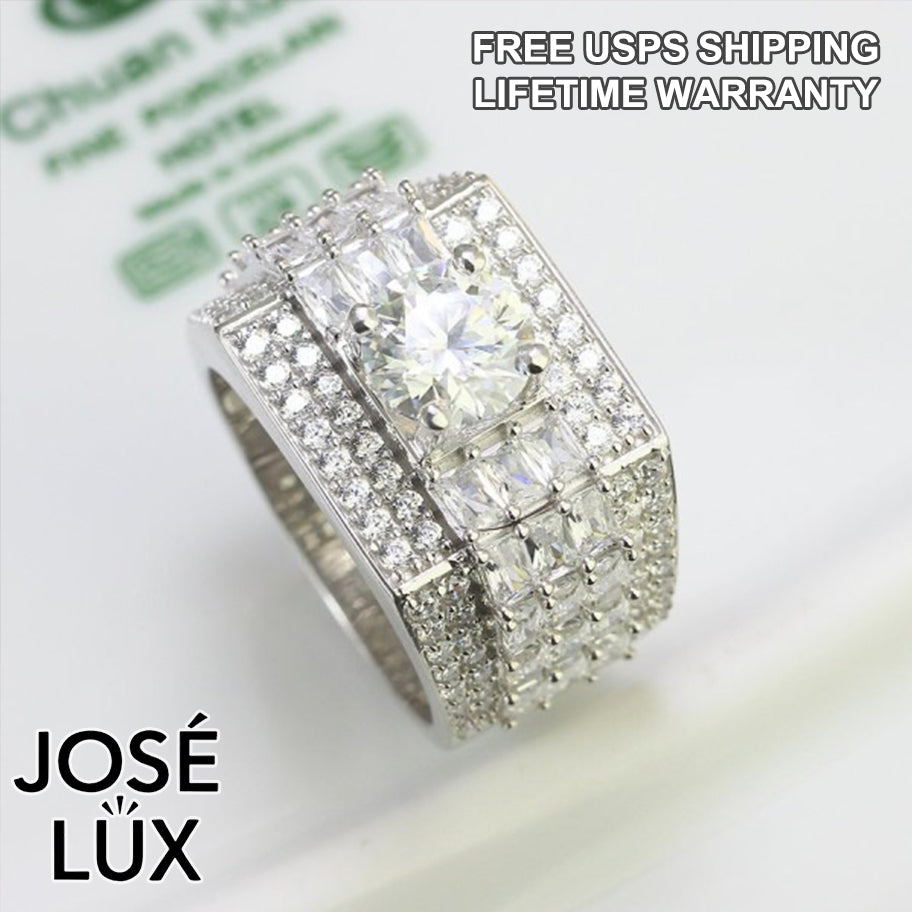 Handmade Men's Moissanite Bust Down Ring — 925 Sterling Silver, Rhodium Plated White Gold Finish, 7.5mm Moissanite & Swiss CZ