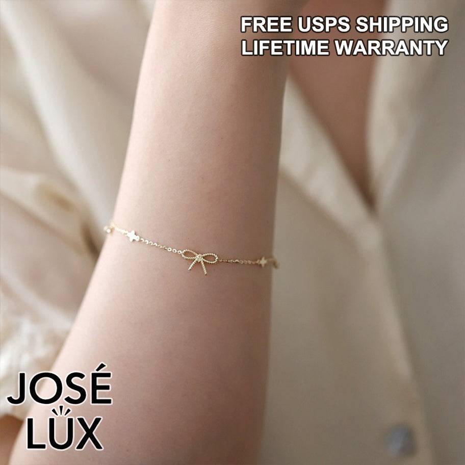 Handmade Celestial Bow Charm Bracelet — 925 Sterling Silver, 14K Gold-Plated Finish, CZ Accents