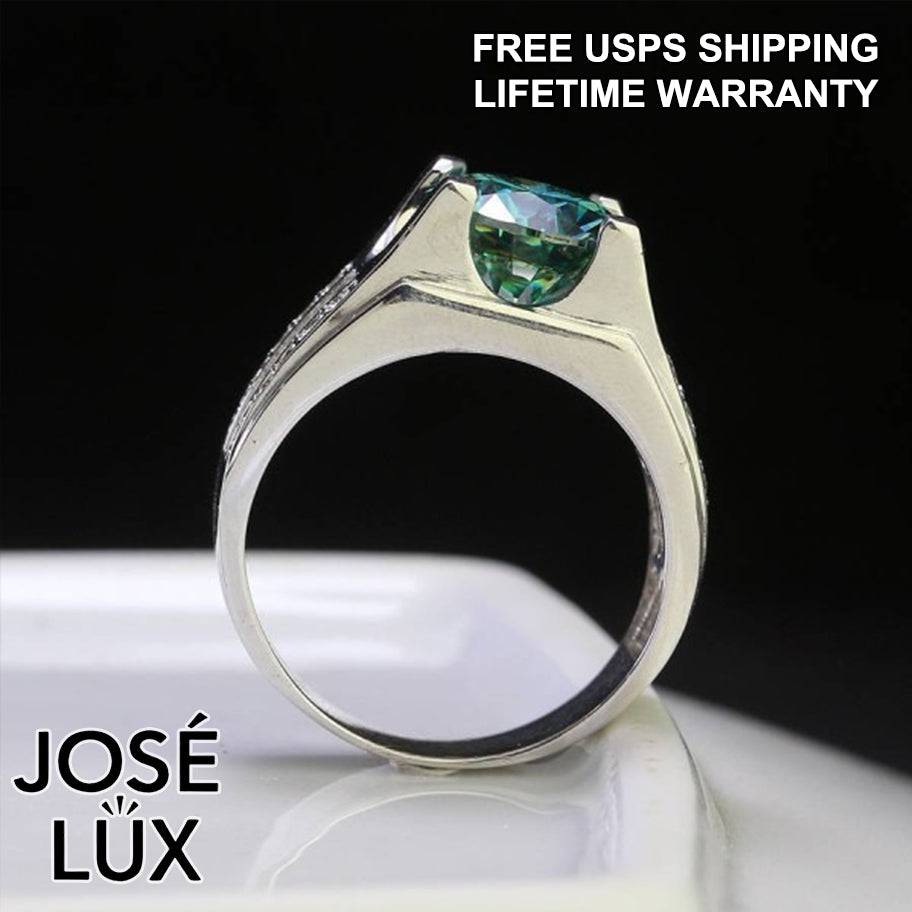 Handmade Men's Tension Setting Ring — 925 Sterling Silver, Rhodium Plated White Gold Finish, Green Moissanite & CZ