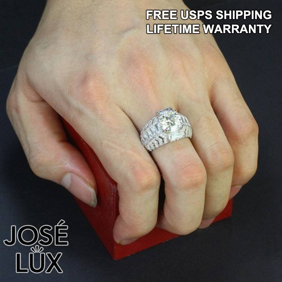 Handmade Men's Round Center Ring with Baguette Side Stones and Chevron Pavé — 925 Sterling Silver, Rhodium Plated White Gold Finish, Moissanite & CZ