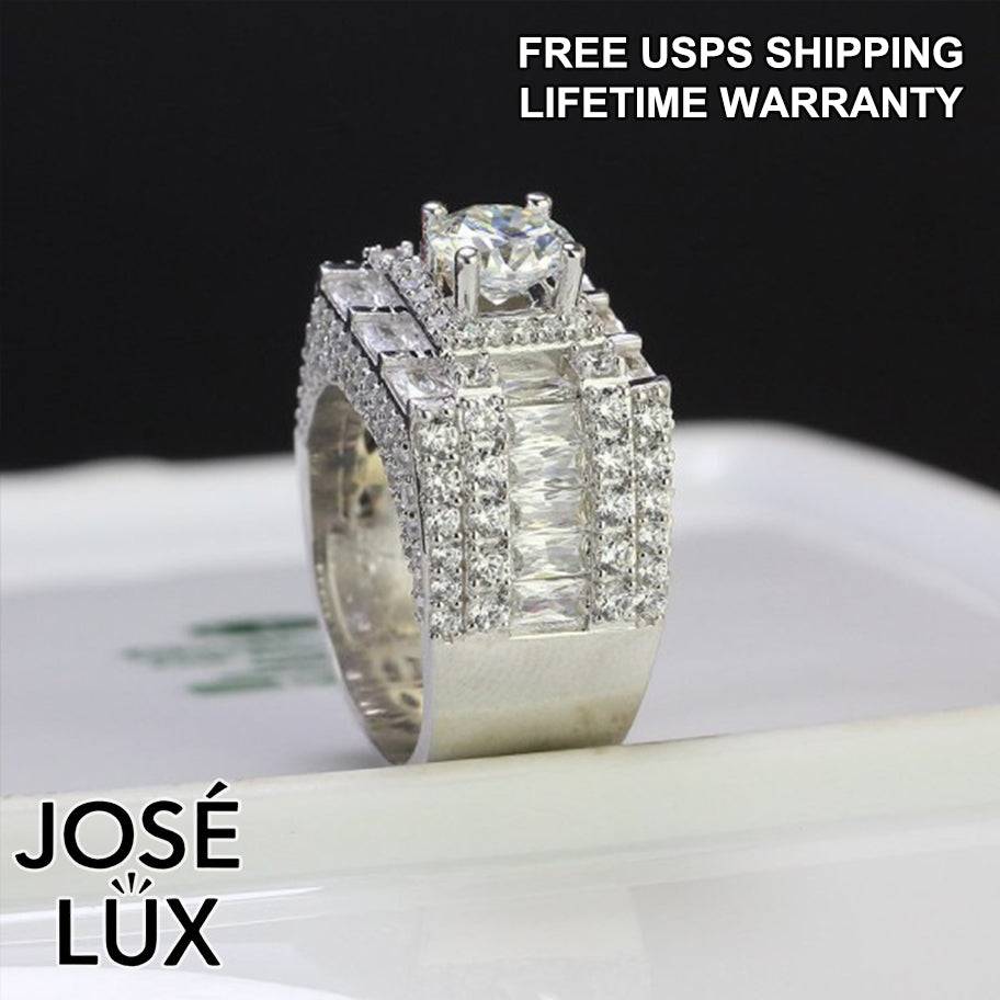 Handmade Men's Iced Out Moissanite Baguette Cluster Ring — 925 Sterling Silver, Rhodium Plated White Gold Finish, GRA Moissanite