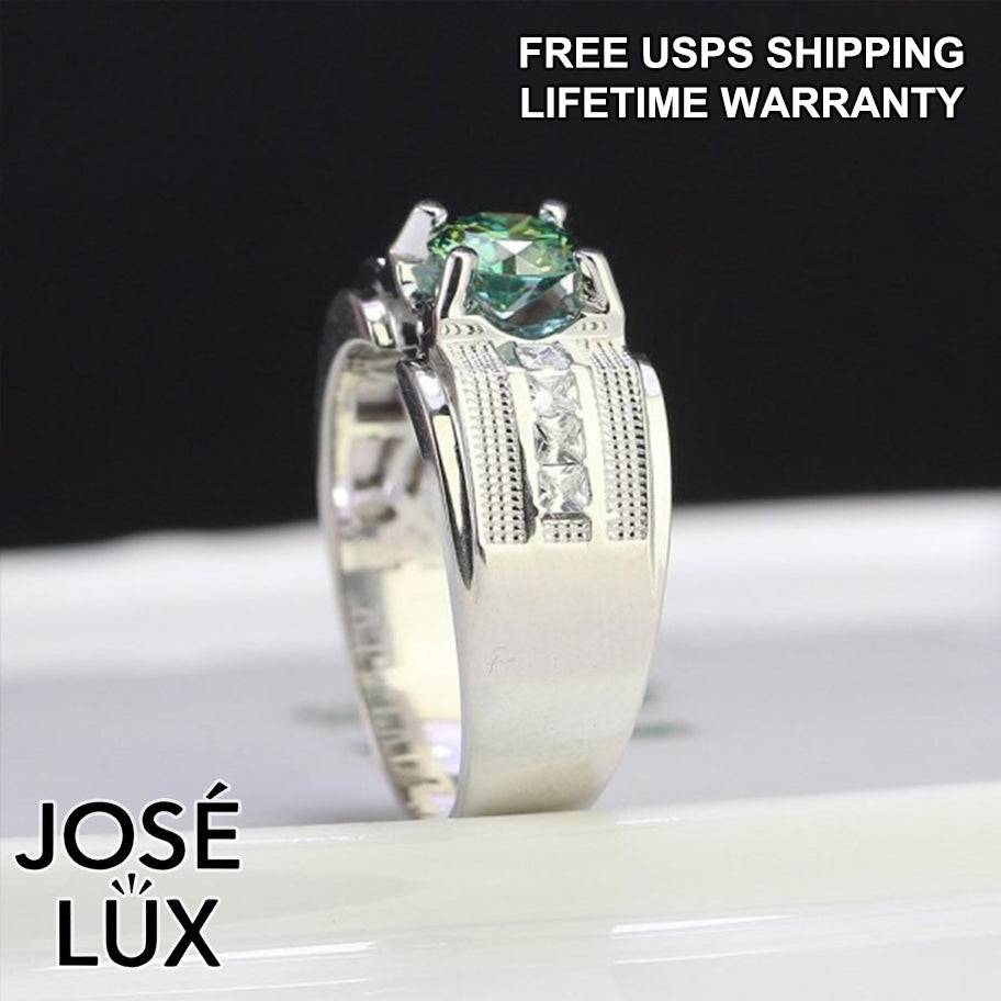 Handmade Men's Green Moissanite Solitaire Ring — 925 Sterling Silver, Rhodium Plated White Gold Finish, GRA Certified