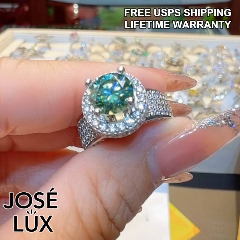Handmade Green Moissanite Halo Ring — 925 Sterling Silver, Rhodium Plated White Gold Finish, GRA Moissanite