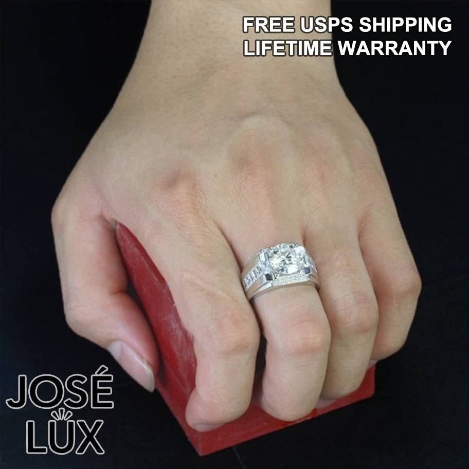 Handmade Men's Round Center Ring with Faceted Geometric Band — 925 Sterling Silver, Rhodium Plated White Gold Finish, Moissanite & CZ