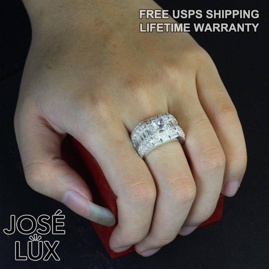 Handmade Men’s Wide-Band Baguette CZ Ring — 925 Sterling Silver, Rhodium Plated White Gold Finish, Swiss-Certified CZ