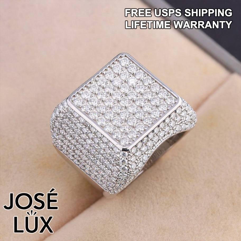 Handmade Men's Square Cluster Ring — 925 Sterling Silver, Rhodium Plated White Gold Finish, GRA Moissanite