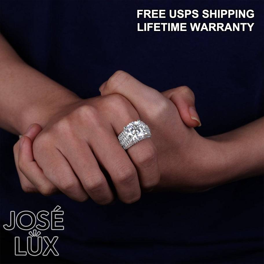 Handmade Men's Baguette Channel Set Ring — 925 Sterling Silver, Rhodium Plated White Gold Finish, 14mm Moissanite & CZ