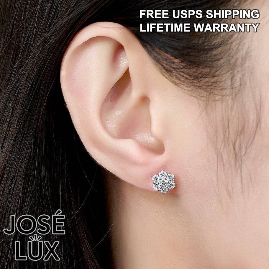 Handmade Flower Cluster Stud Earrings — 925 Sterling Silver, Rhodium Plated White Gold Finish, Swiss CZ