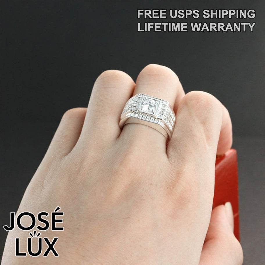 Handmade Men’s Round CZ Solitaire Ring — 925 Sterling Silver, Rhodium Plated White Gold Finish, Swiss-Certified CZ