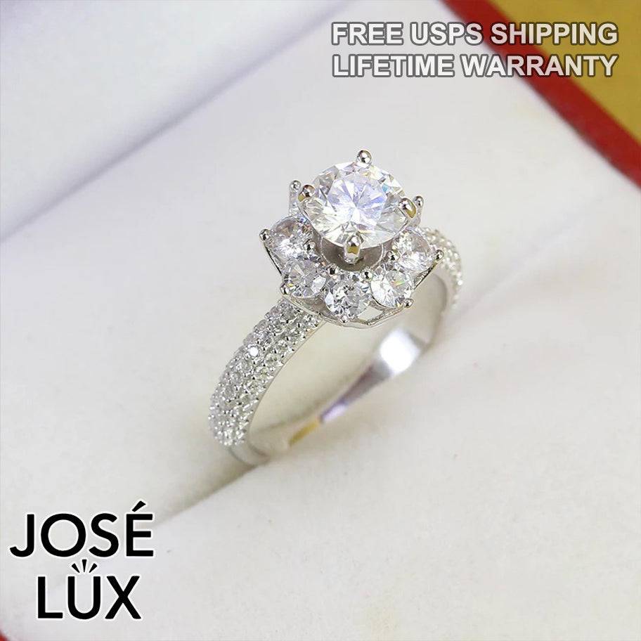 Handmade Flower Halo Ring — 925 Sterling Silver, Rhodium Plated White Gold Finish, GRA Moissanite