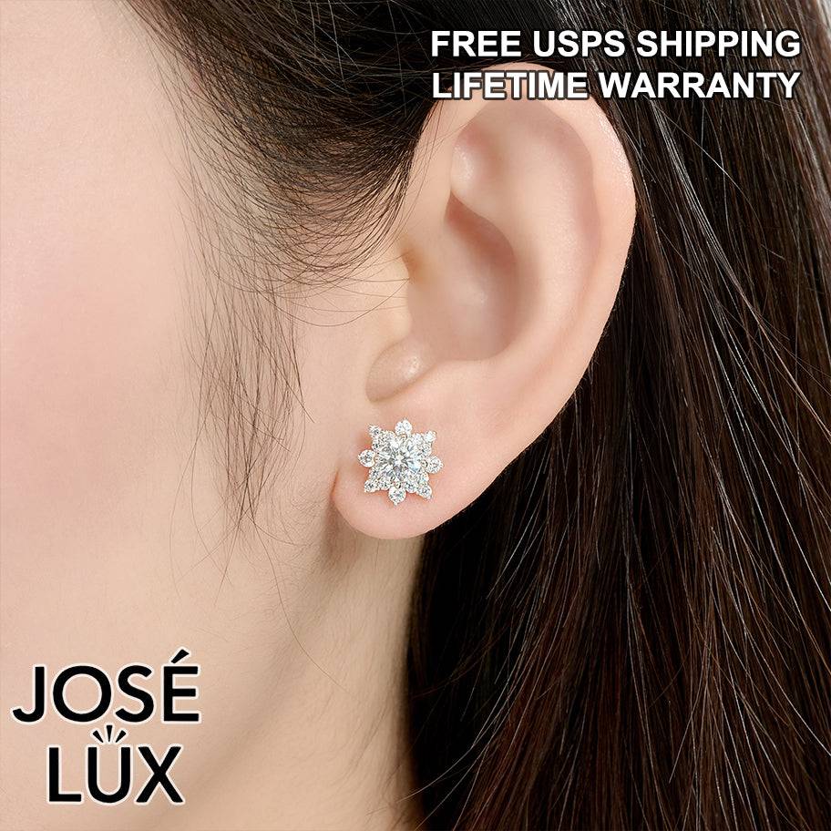 Handmade Star Halo CZ Stud Earrings — 925 Sterling Silver, Rhodium Plated White Gold Finish, Swiss CZ