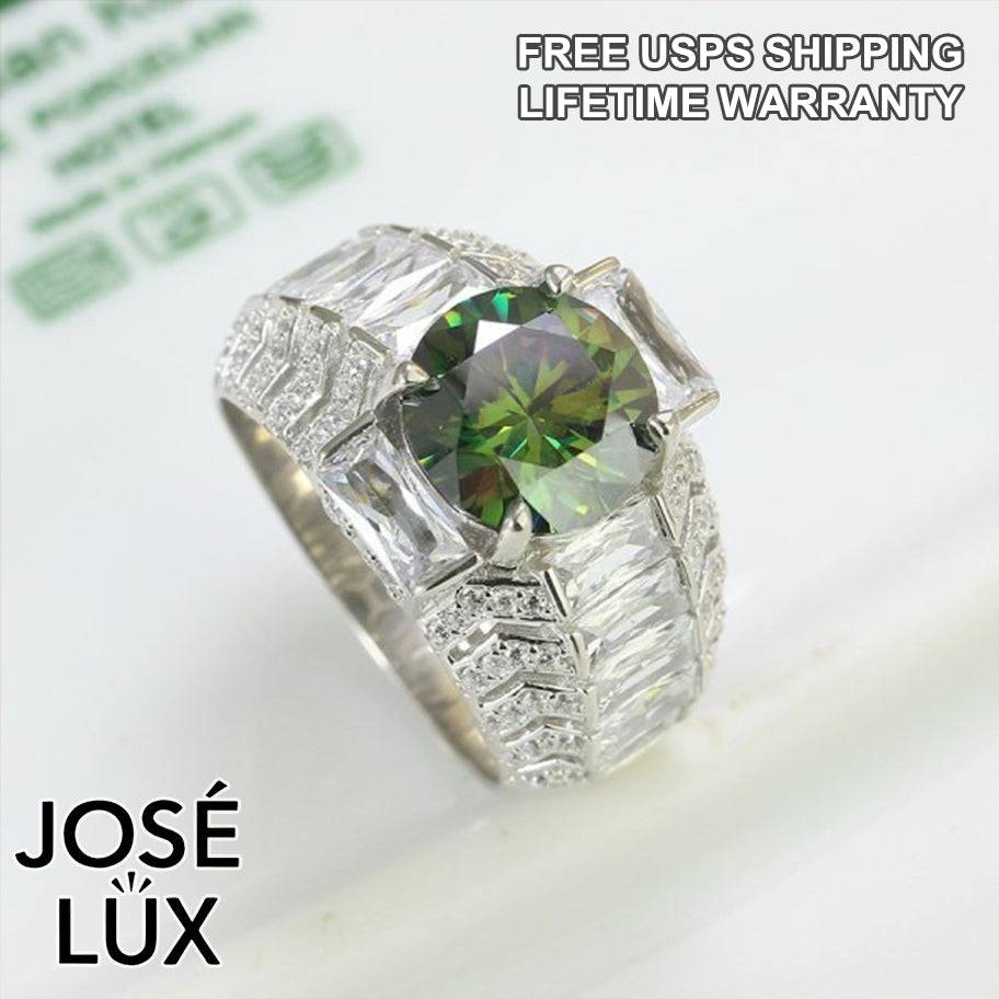 Handmade Men's Round Center Ring with Baguette Side Stones and Chevron Pavé — 925 Sterling Silver, Rhodium Plated White Gold Finish, Moissanite & CZ