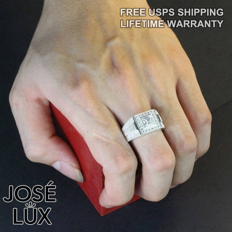 Handmade Men’s Princess-Cut Halo CZ Ring — 925 Sterling Silver, Rhodium Plated White Gold Finish, Swiss-Certified CZ