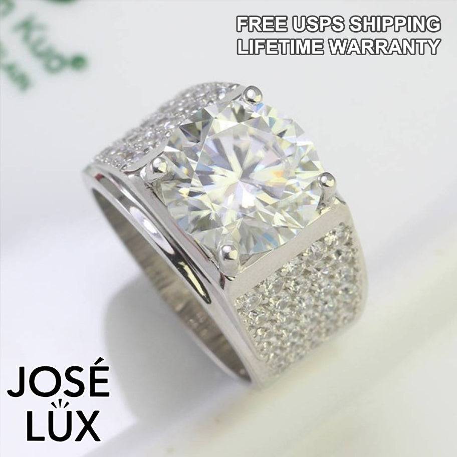 Handmade Men's Solitaire Pavé Ring — 925 Sterling Silver, Rhodium Plated White Gold Finish, 12mm Moissanite & CZ