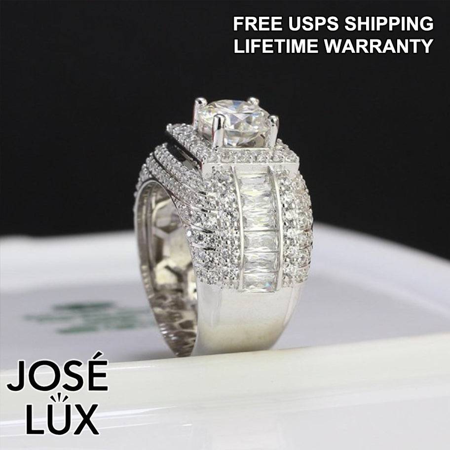 Handmade Men's Moissanite Domed Baguette Wide Band Ring — 925 Sterling Silver, Rhodium Plated White Gold Finish, GRA Moissanite