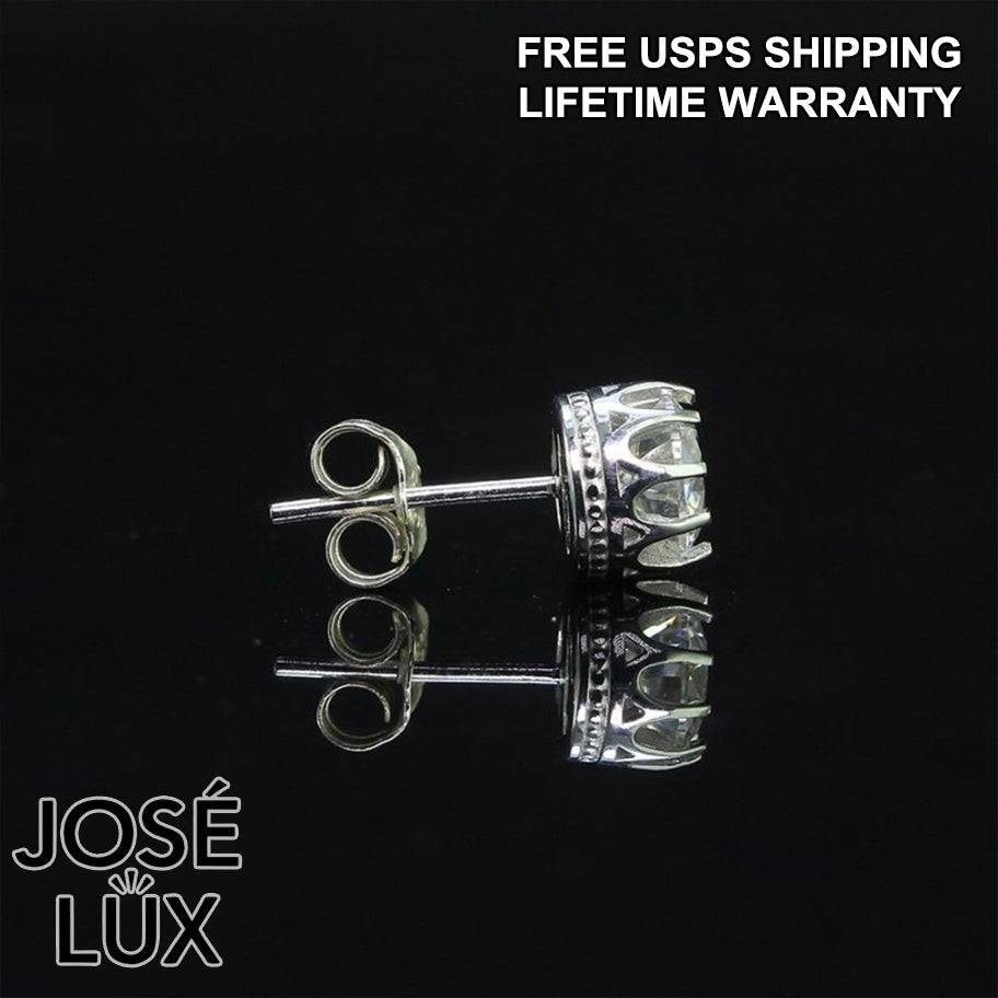 Handmade Men’s Crown Solitaire Stud Earring — 925 Sterling Silver, Rhodium Plated White Gold Finish, GRA Moissanite 0.8ct