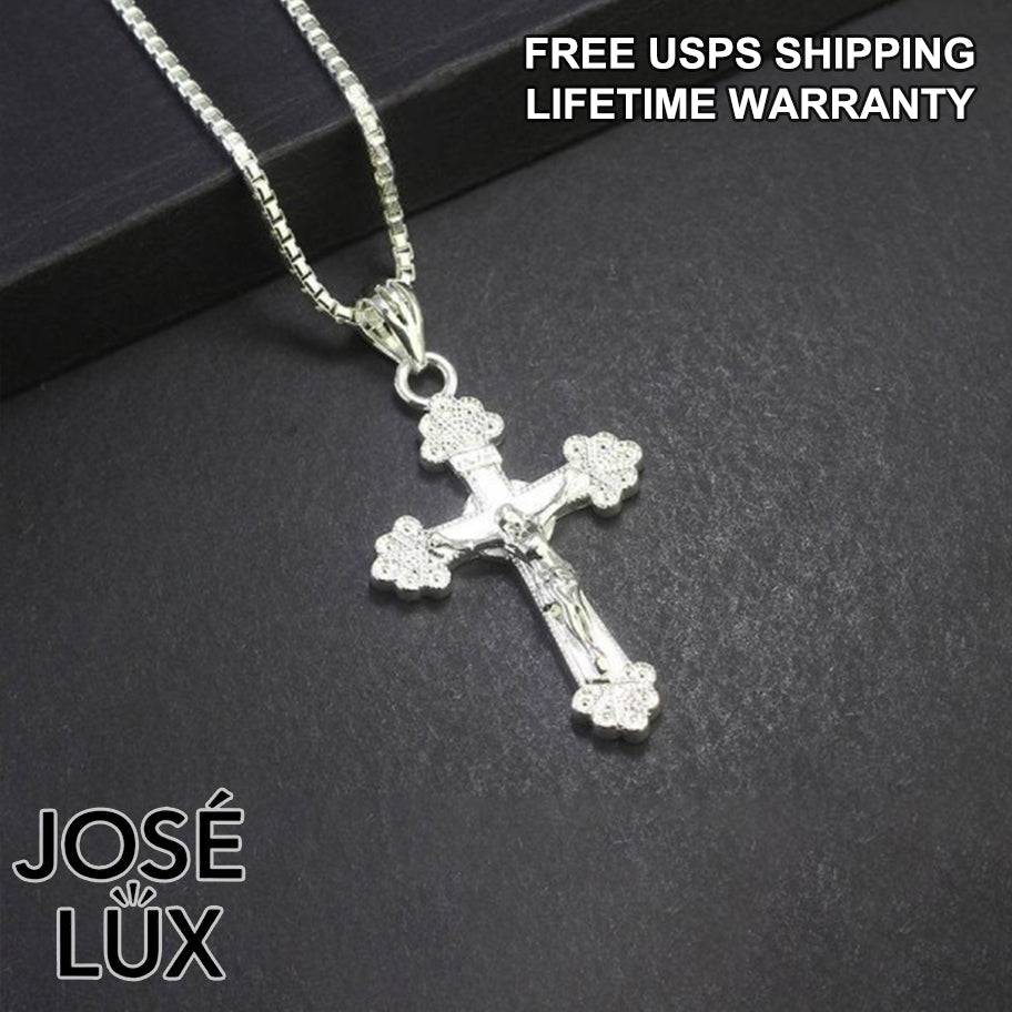 Handmade 925 Sterling Silver Crucifix Pendant Necklace for Men — Rhodium Plated White Gold Finish, Sculpted Jesus Corpus, Ornate Trefoil Arm Caps