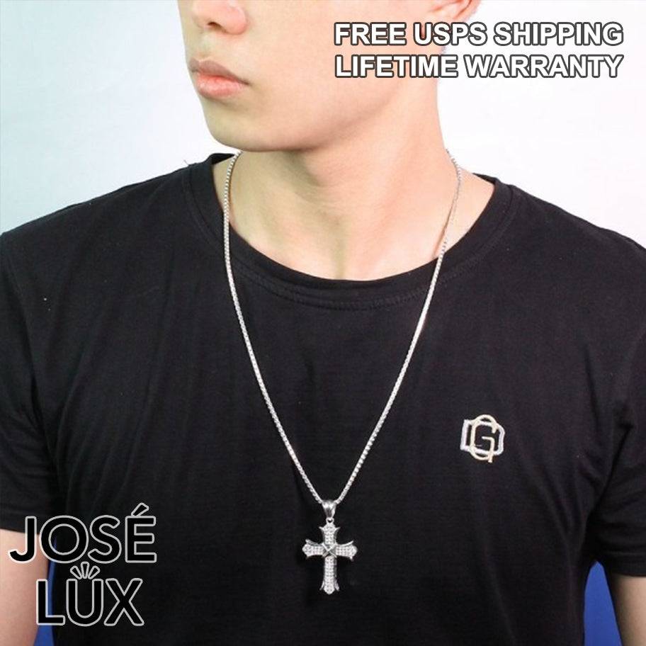 Handmade Iced Out Gothic Cross Pendant Necklace for Men — 925 Sterling Silver, Rhodium Plated White Gold Finish, Swiss CZ