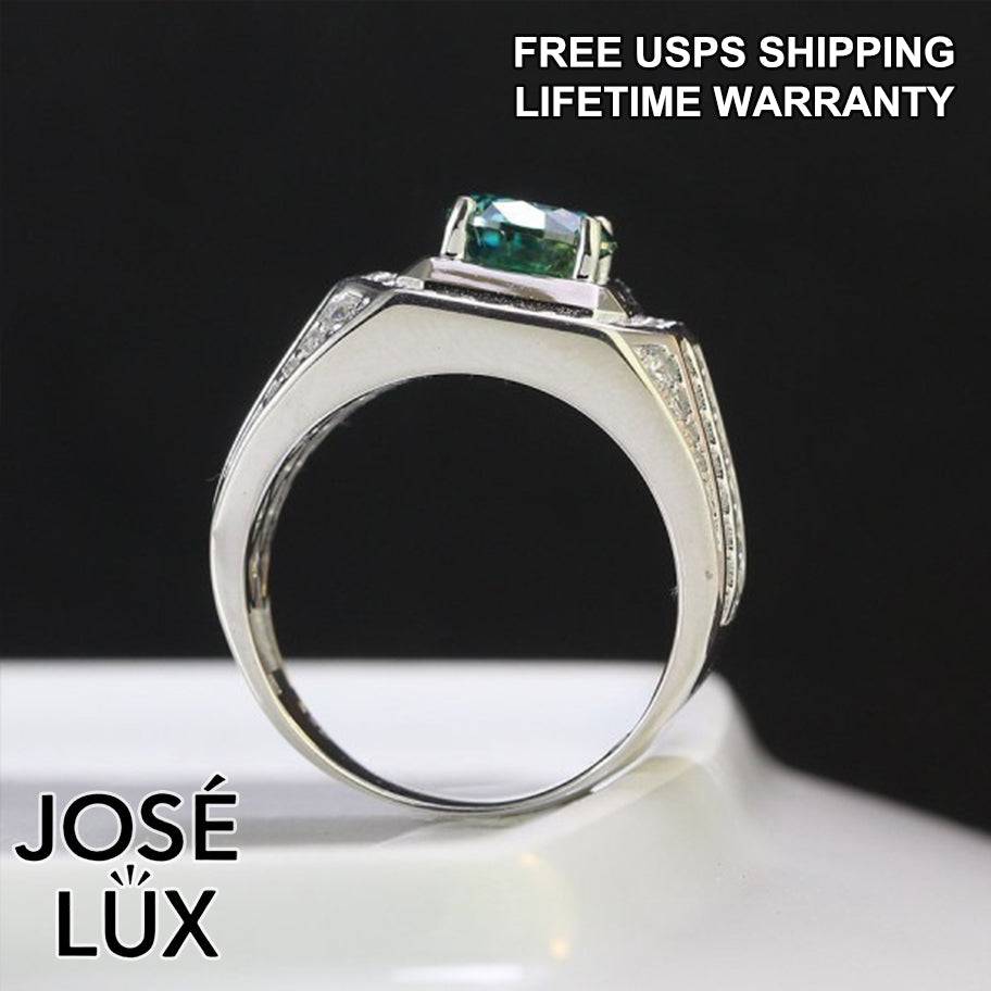 Handmade Men's Green Moissanite Square Halo Ring — 925 Sterling Silver, Rhodium Plated White Gold Finish, GRA Moissanite