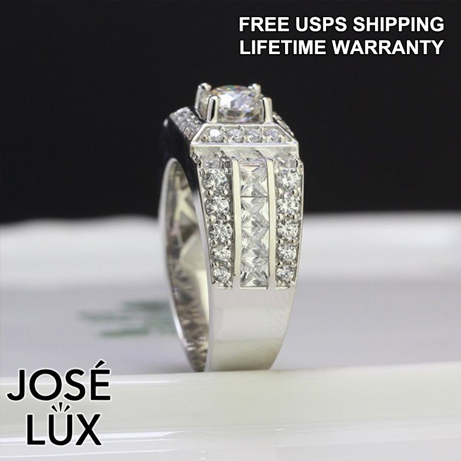 Handmade Men's Moissanite Halo Solitaire Ring — Princess Channel Band, 925 Sterling Silver, Rhodium Plated White Gold Finish