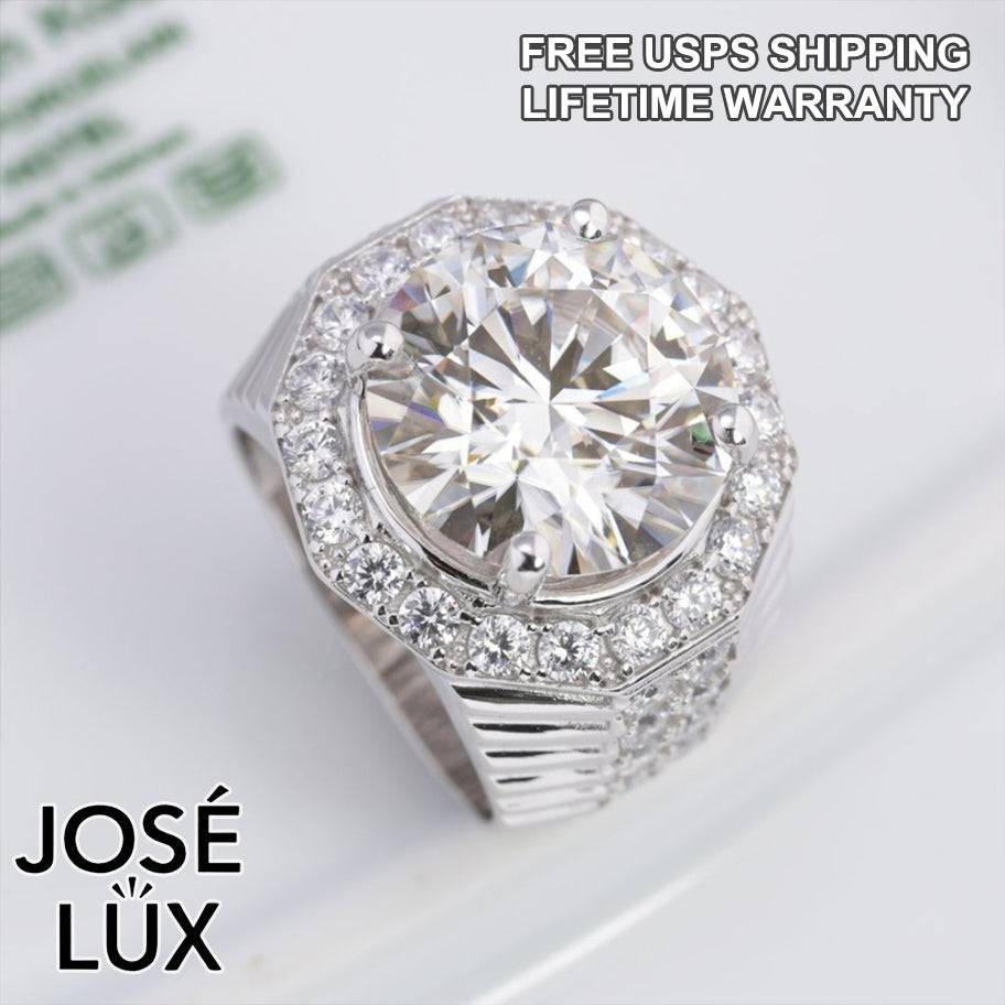 Handmade Men's Halo Ring — 925 Sterling Silver, Rhodium Plated White Gold Finish, 15mm White Moissanite & Swiss CZ Halo