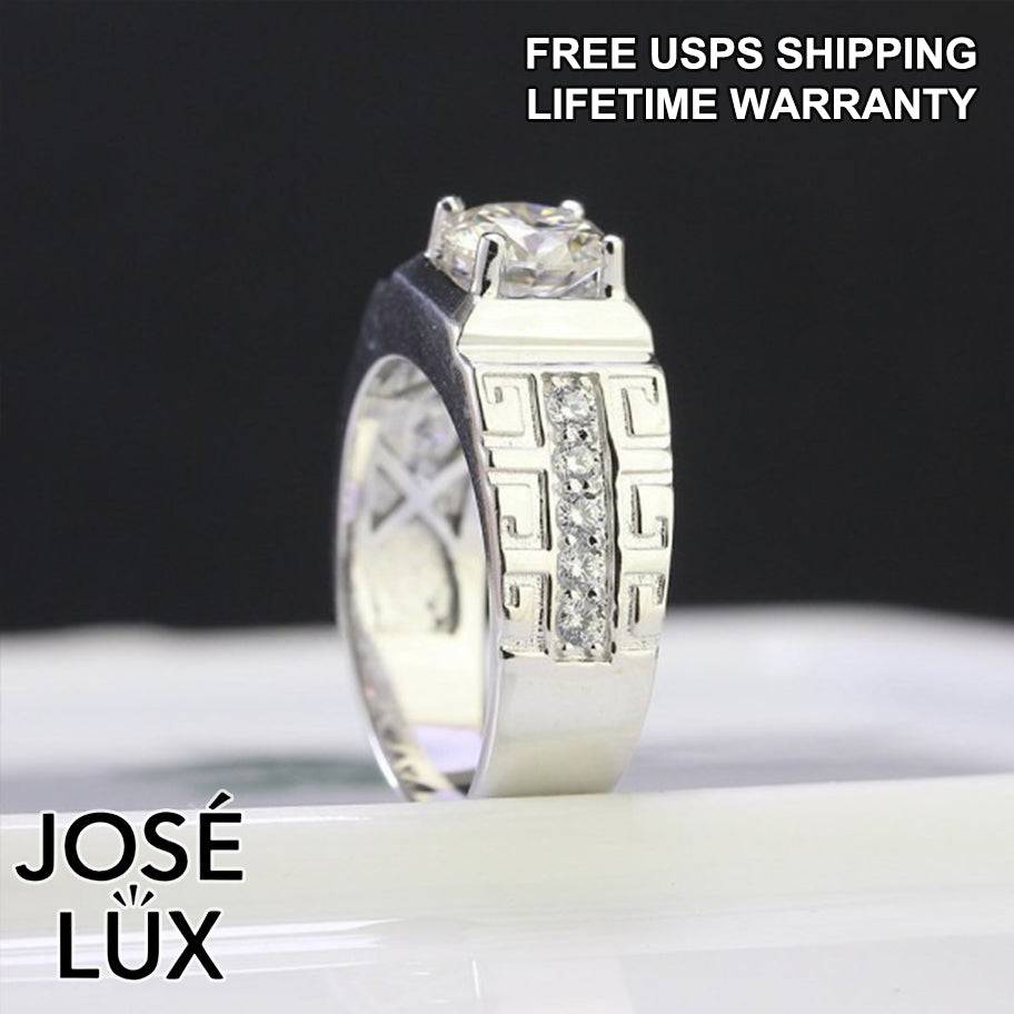 Handmade Men’s Greek Key Solitaire Ring — 925 Sterling Silver, Rhodium Plated White Gold Finish, GRA Moissanite