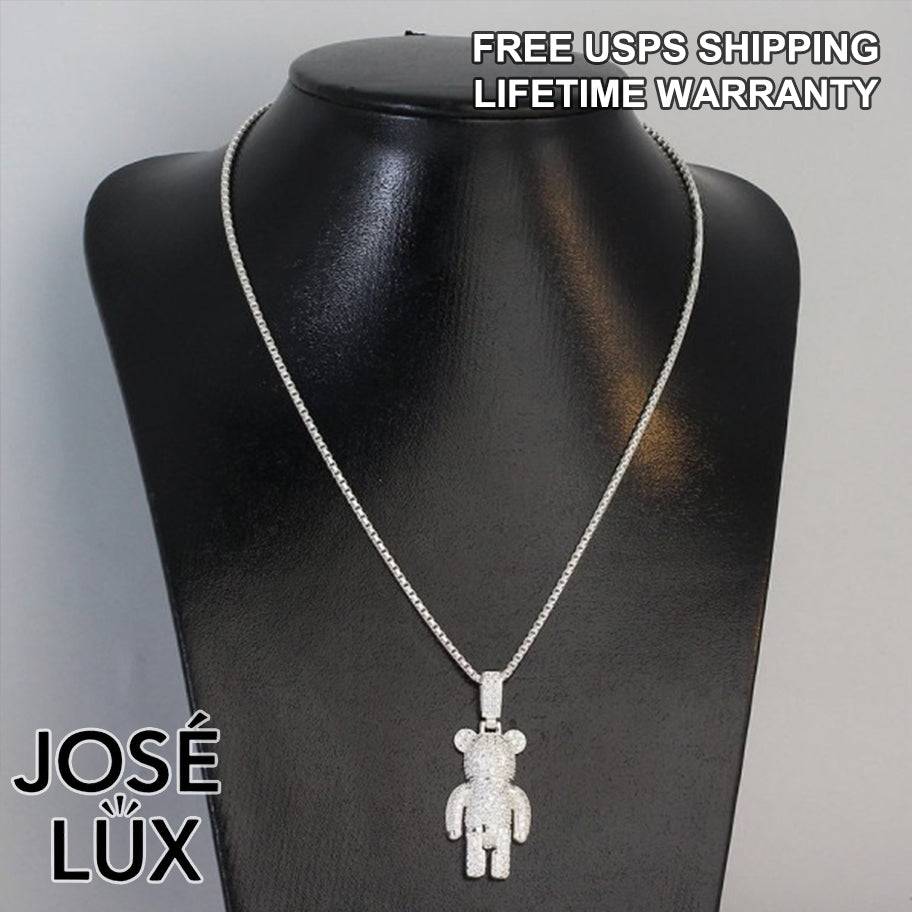 Handmade Iced Out Brick Bear Pendant Necklace for Men — 925 Sterling Silver, Rhodium Plated White Gold Finish, Swiss CZ