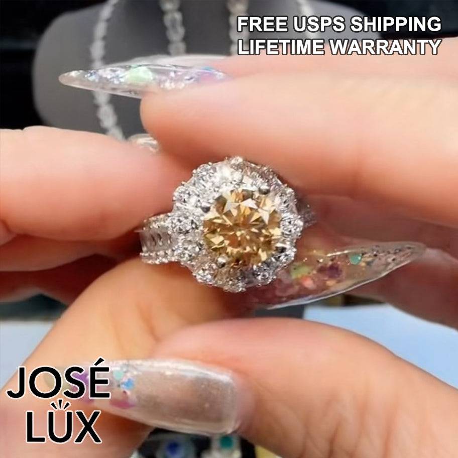 Handmade Champagne Moissanite Halo Ring — 925 Sterling Silver, Rhodium Plated White Gold Finish, GRA Moissanite
