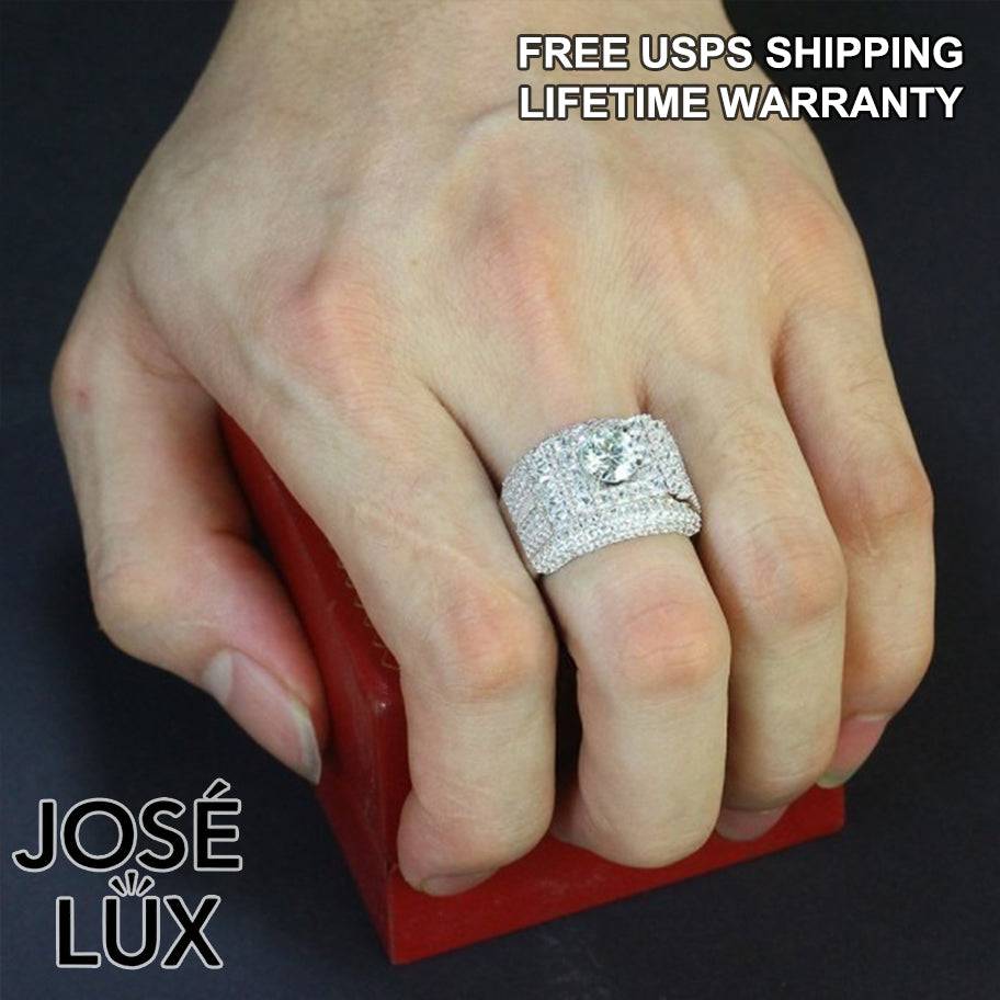 Handmade Men's Full Micropave Square Halo Ring — 925 Sterling Silver, Rhodium Plated White Gold Finish, 7.0mm Moissanite & CZ