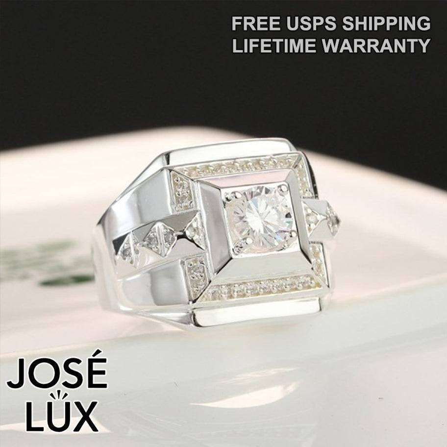 Handmade Men’s Art Deco CZ Signet Ring — 925 Sterling Silver, Rhodium Plated White Gold Finish, Swiss-Certified CZ