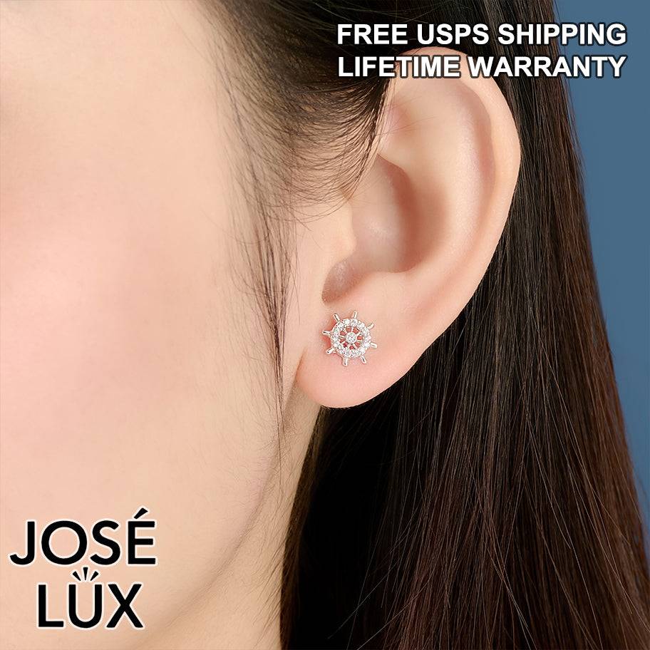 Handmade Ship Wheel Stud Earrings — 925 Sterling Silver, Rhodium Plated White Gold Finish, Swiss CZ